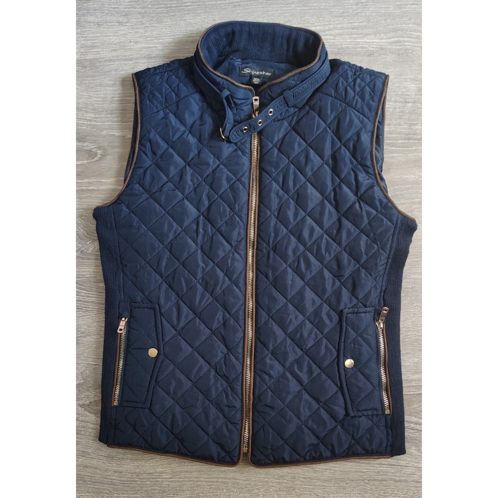 Shinestar Size M Quilted Puffer Vest Faux Leather Details Blue Zip HJ8174S **‎
